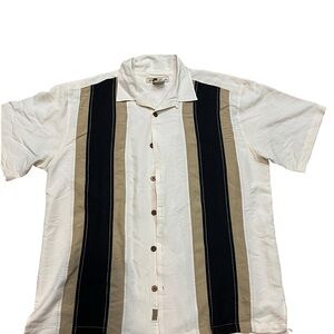 Casual Short-Sleeve Button-Down Shirt in Cream with Black & Tan Stripes